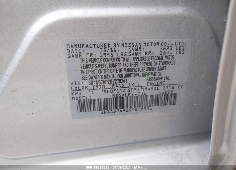 2016 NISSAN SENTRA FE+ S/S/SL/SR/SV VIN: 3N1AB7AP2GY278341