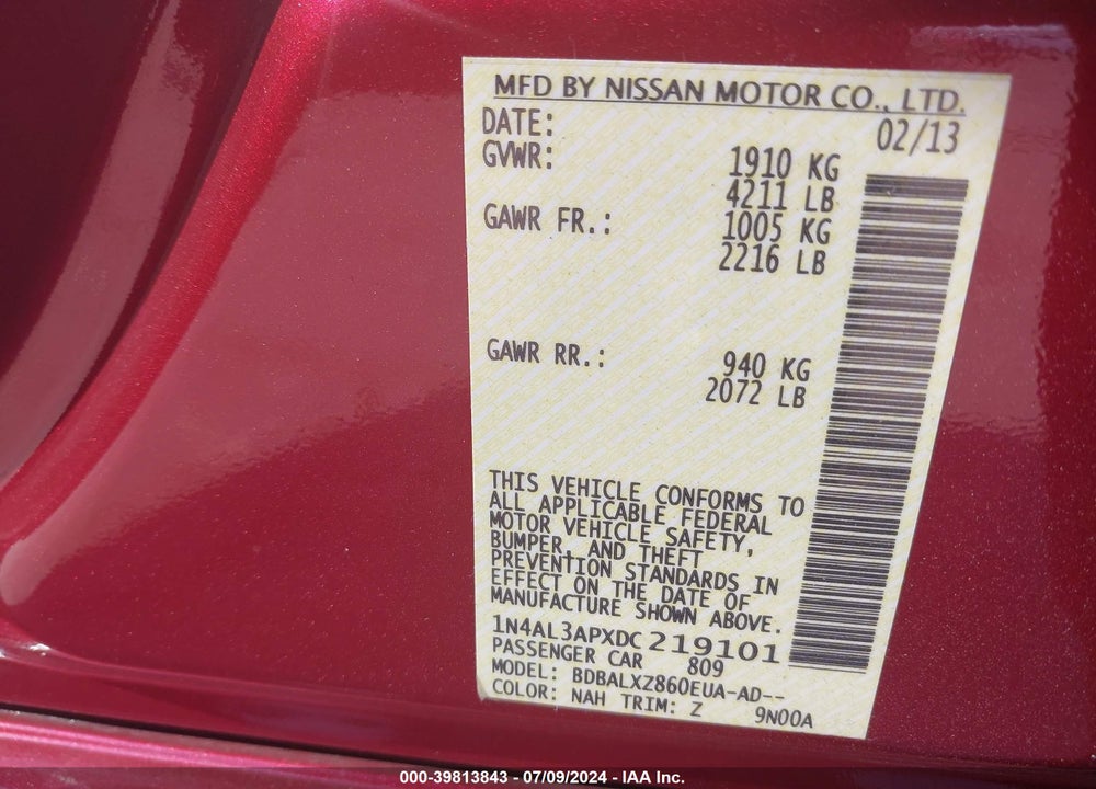 2013 NISSAN ALTIMA 2.5 SL VIN: 1N4AL3APXDC219101