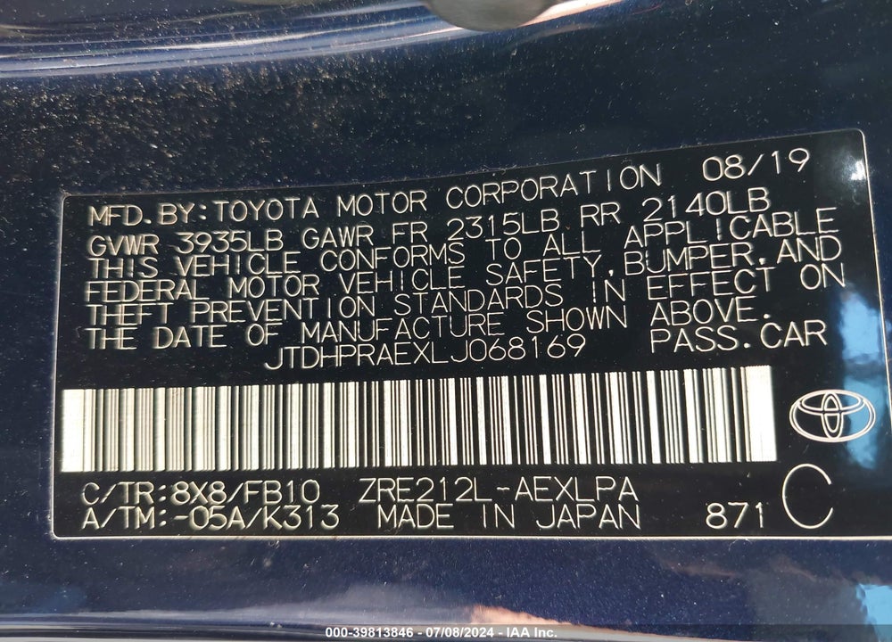 2020 TOYOTA COROLLA LE VIN: JTDHPRAEXLJ068169