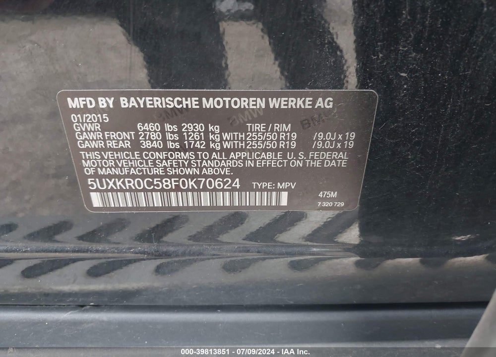 2015 BMW X5 XDRIVE35I VIN: 5UXKR0C58F0K70624