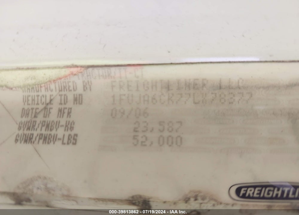 2007 FREIGHTLINER COLUMBIA COLUMBIA VIN: 1FUJA6CK77LX78377