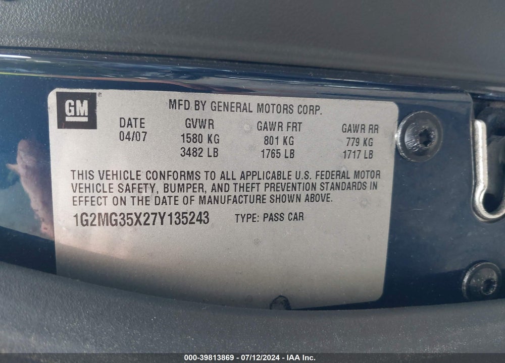2007 PONTIAC SOLSTICE GXP VIN: 1G2MG35X27Y135243