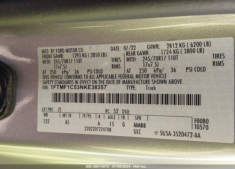 2022 FORD F-150 XL VIN: 1FTMF1C53NKE38357