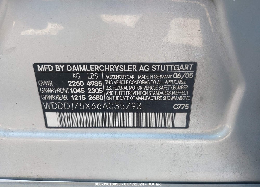 2006 MERCEDES-BENZ CLS 500 VIN: WDDDJ75X66A035793