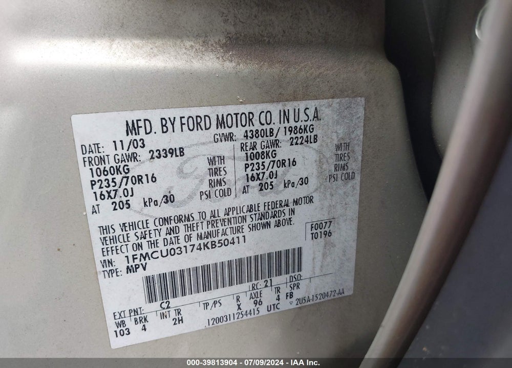 2004 FORD ESCAPE XLT VIN: 1FMCU03174KB50411