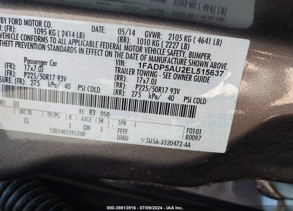 2014 FORD C-MAX VIN: 1FADP5AU2EL515637