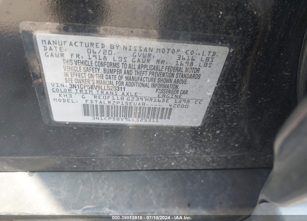2020 NISSAN KICKS S XTRONIC CVT VIN: 3N1CP5BV9LL525311
