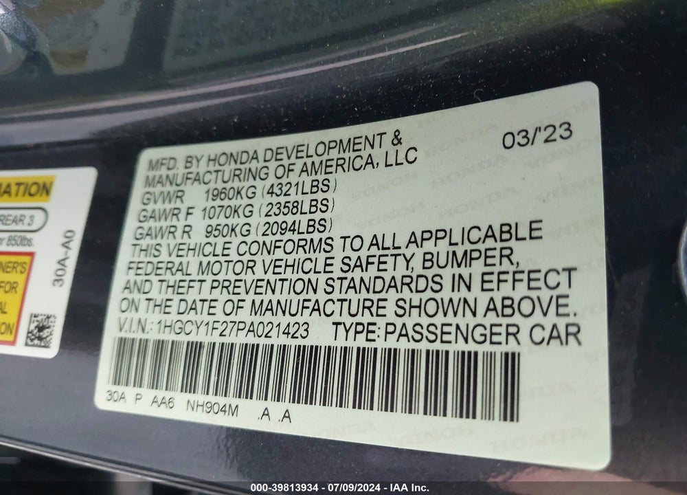 2023 HONDA ACCORD LX VIN: 1HGCY1F27PA021423