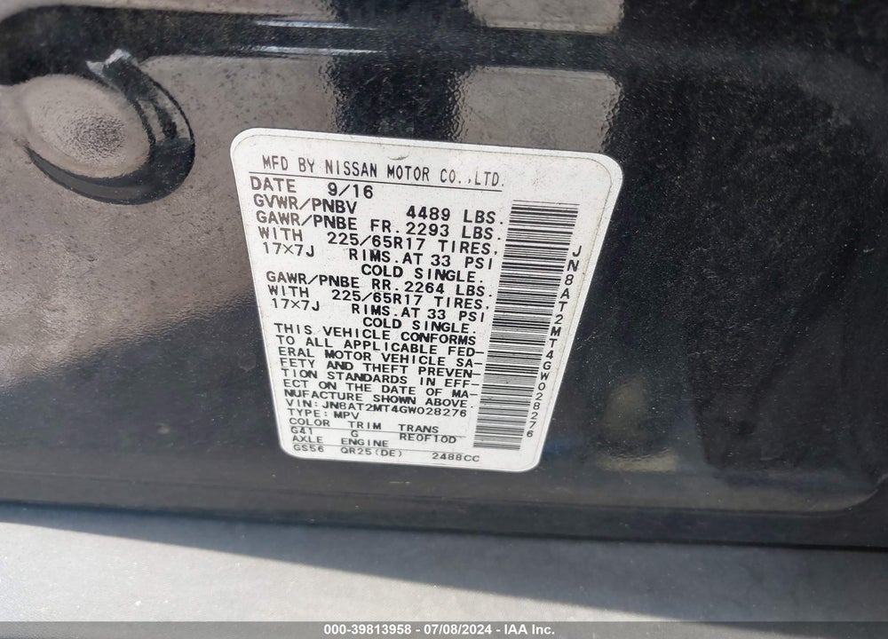 2016 NISSAN ROGUE SV VIN: JN8AT2MT4GW028276