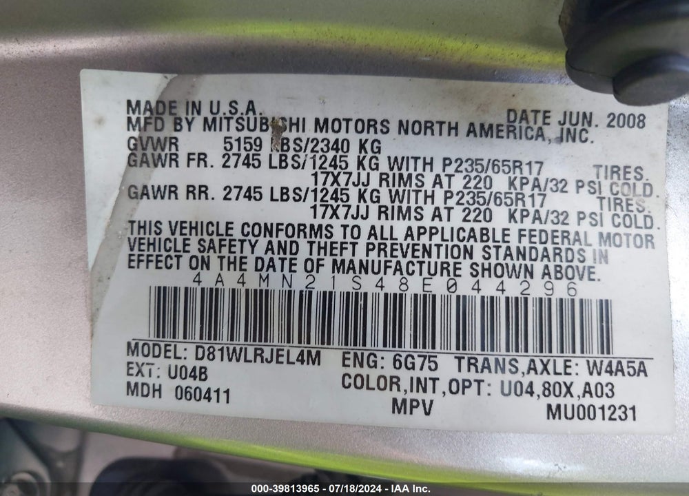 2008 MITSUBISHI ENDEAVOR LS VIN: 4A4MN21S48E044296