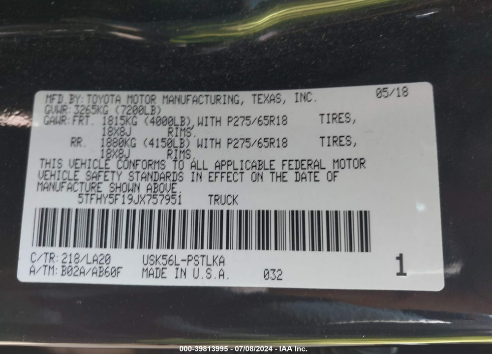 2018 TOYOTA TUNDRA LIMITED 5.7L V8 VIN: 5TFHY5F19JX757951
