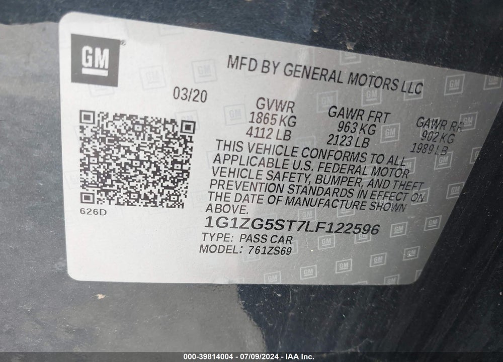 2020 CHEVROLET MALIBU FWD RS VIN: 1G1ZG5ST7LF122596