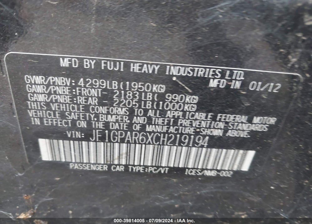2012 SUBARU IMPREZA 2.0I SPORT LIMITED VIN: JF1GPAR6XCH219194