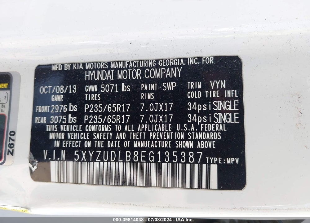 2014 HYUNDAI SANTA FE SPORT 2.4L VIN: 5XYZUDLB8EG135387