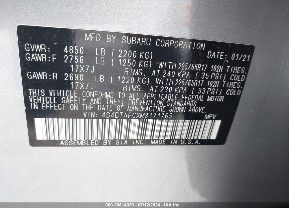 2021 SUBARU OUTBACK PREMIUM VIN: 4S4BTAFCXM3171765