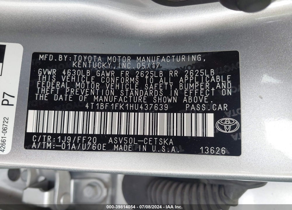 2017 TOYOTA CAMRY SE VIN: 4T1BF1FK1HU437639