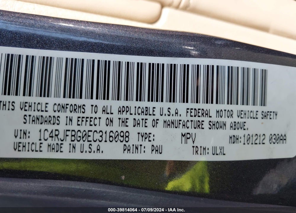 2014 JEEP GRAND CHEROKEE LIMITED VIN: 1C4RJFBG0EC316098