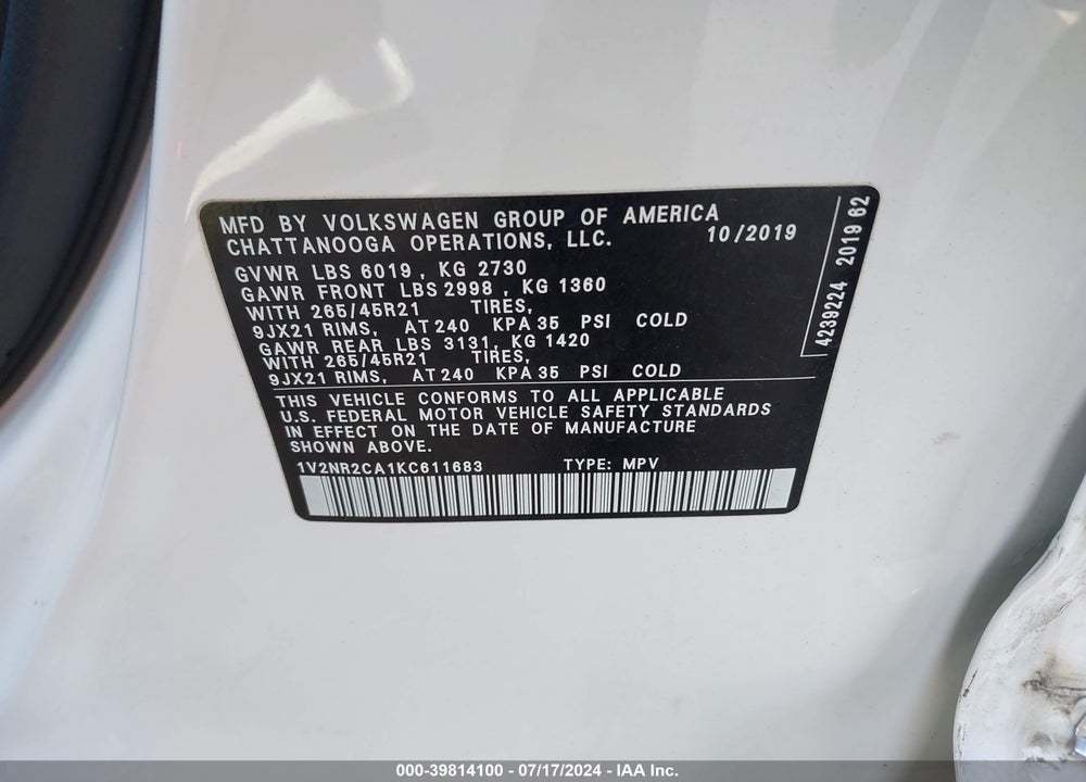 2019 VOLKSWAGEN ATLAS 3.6L V6 SEL PREMIUM VIN: 1V2NR2CA1KC611683