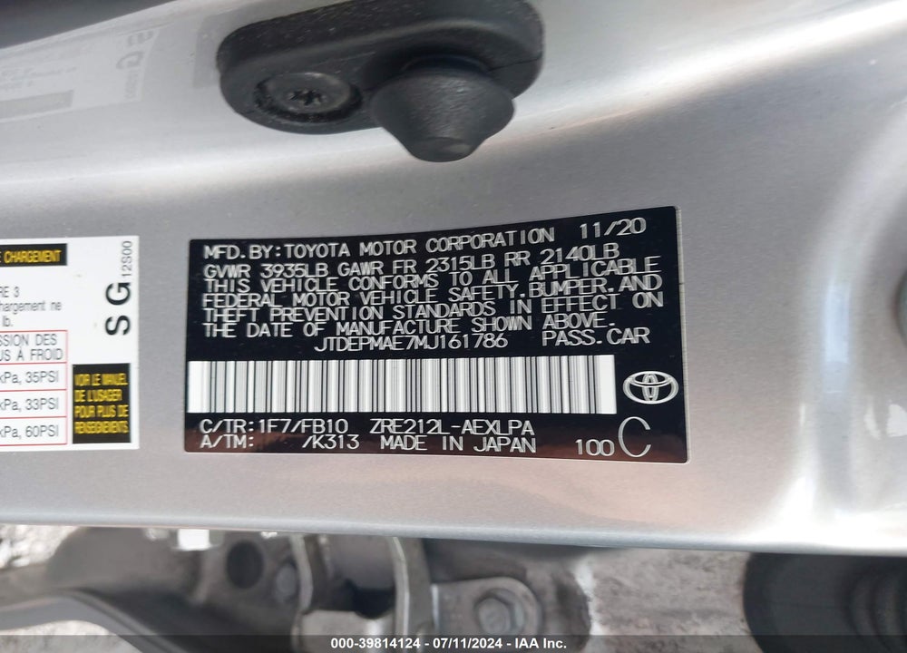 2021 TOYOTA COROLLA LE VIN: JTDEPMAE7MJ161786