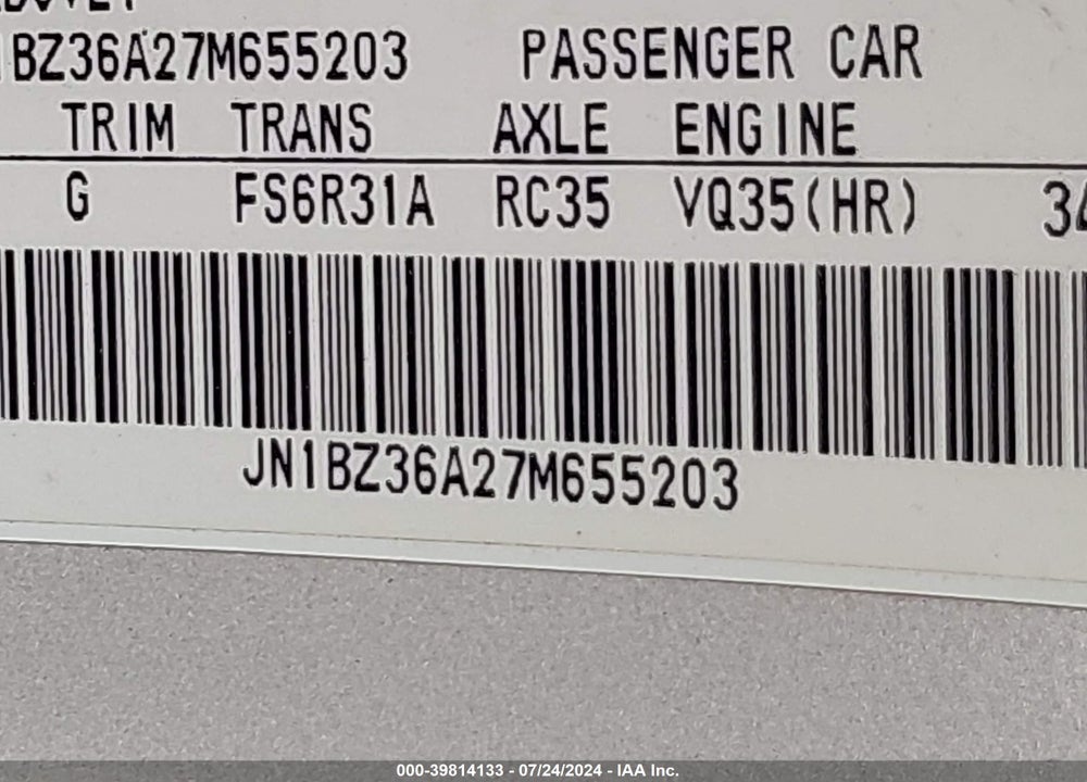 2007 NISSAN 350Z GRAND TOURING VIN: JN1BZ36A27M655203