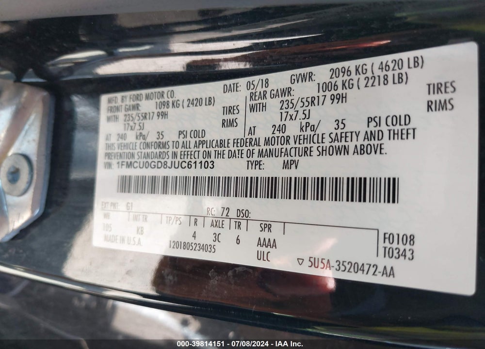 2018 FORD ESCAPE SE VIN: 1FMCU0GD8JUC61103