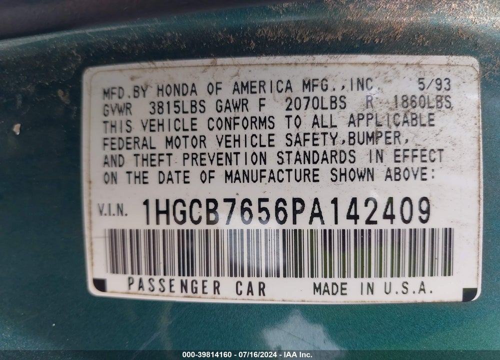 1993 HONDA ACCORD LX VIN: 1HGCB7656PA142409