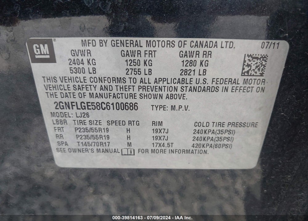 2012 CHEVROLET EQUINOX LTZ VIN: 2GNFLGE58C6100686