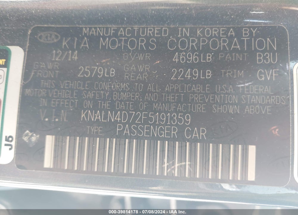 2015 KIA CADENZA PREMIUM VIN: KNALN4D72F5191359