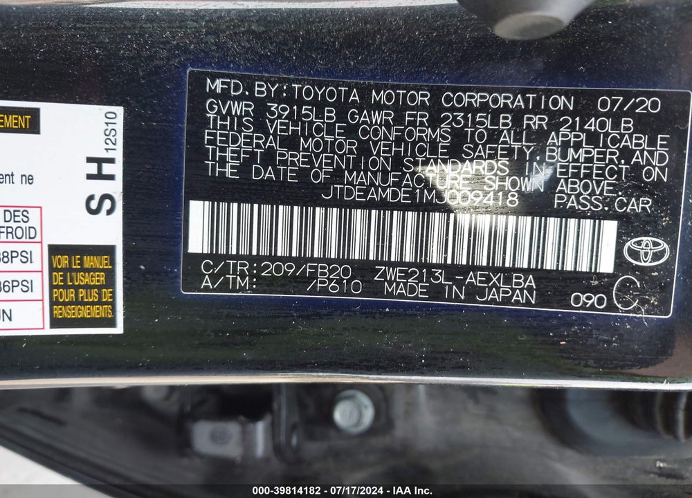 2021 TOYOTA COROLLA HYBRID LE VIN: JTDEAMDE1MJ009418