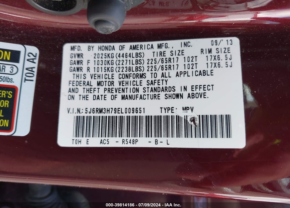 2014 HONDA CR-V EX-L VIN: 5J6RM3H79EL009651