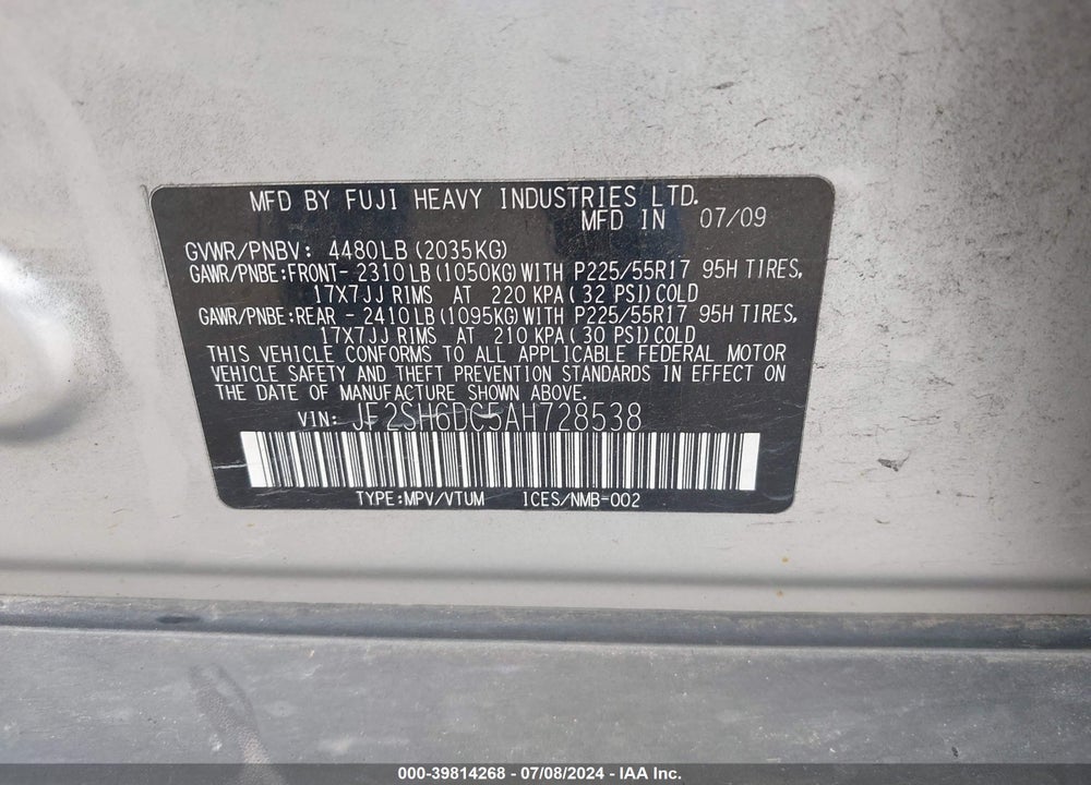 2010 FORESTER SUBARU  2.5X LIMITED VIN: JF2SH6DC5AH728538
