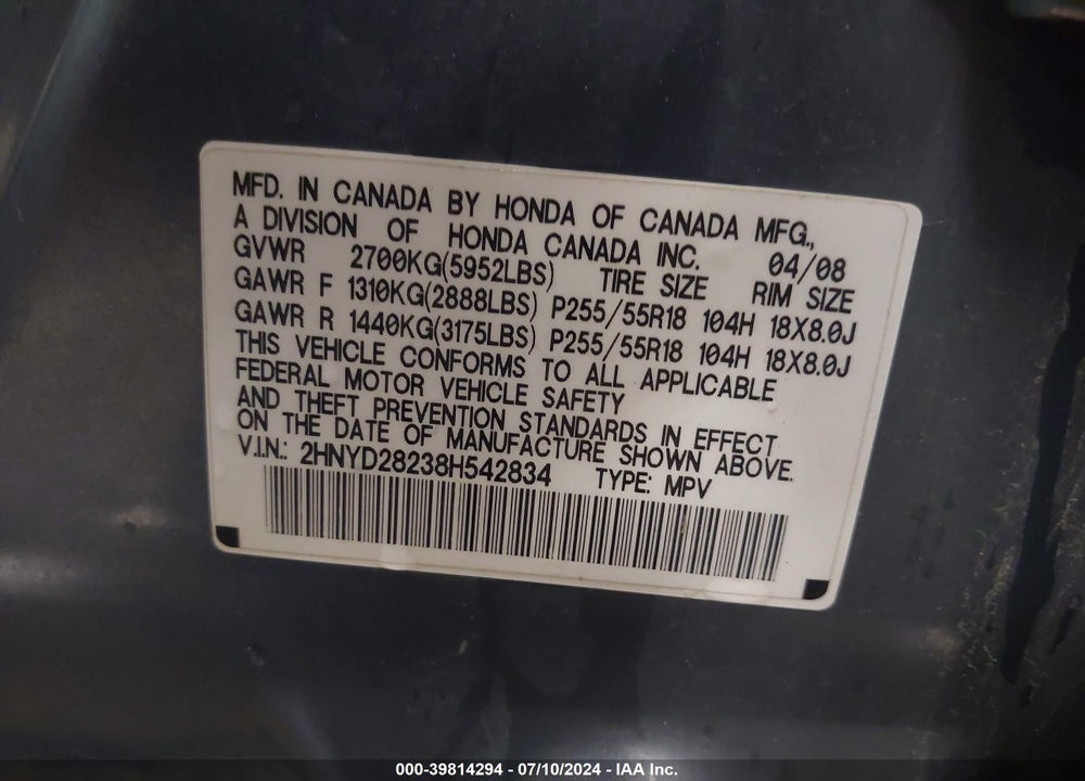 2008 ACURA MDX VIN: 2HNYD28238H542834