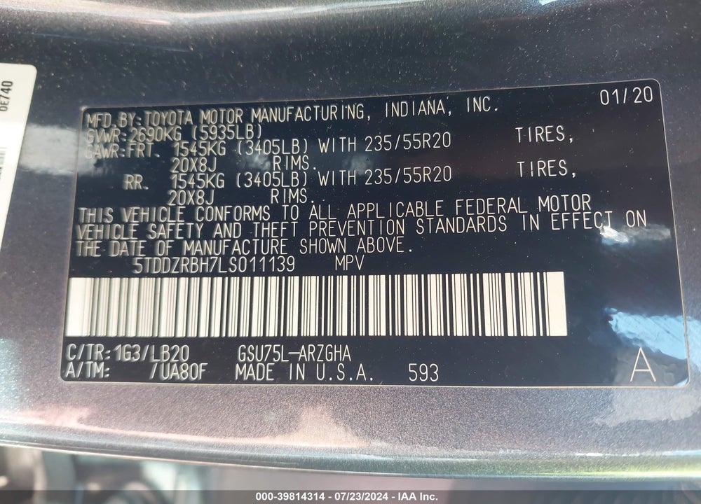 2020 TOYOTA HIGHLANDER LIMITED VIN: 5TDDZRBH7LS011139
