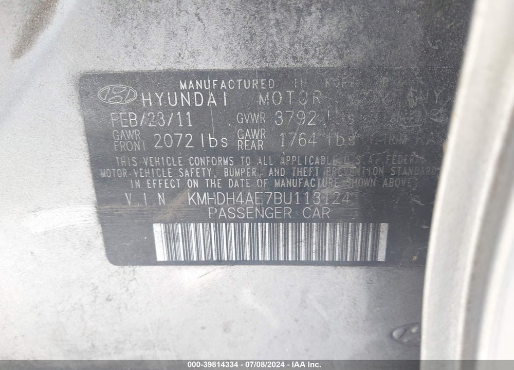 2011 HYUNDAI ELANTRA GLS (ULSAN PLANT) VIN: KMHDH4AE7BU113124