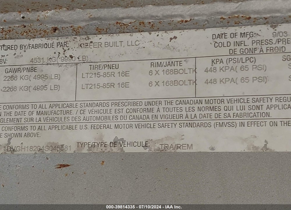 2004 KIEFER BUILT INC --- VIN: 1DVGH18204S045581