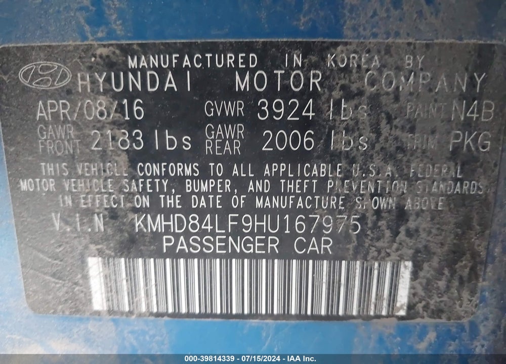 2017 HYUNDAI ELANTRA SE VIN: KMHD84LF9HU167975