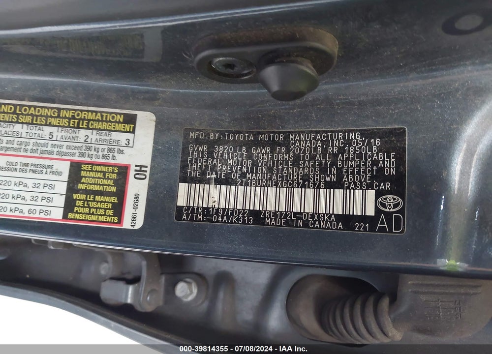 2016 TOYOTA COROLLA S PLUS VIN: 2T1BURHEXGC671676