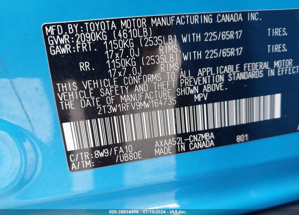 2021 TOYOTA RAV4 XLE VIN: 2T3W1RFV9MW164735