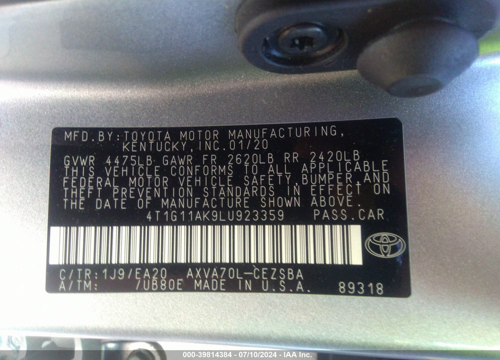 2020 TOYOTA CAMRY SE VIN: 4T1G11AK9LU923359