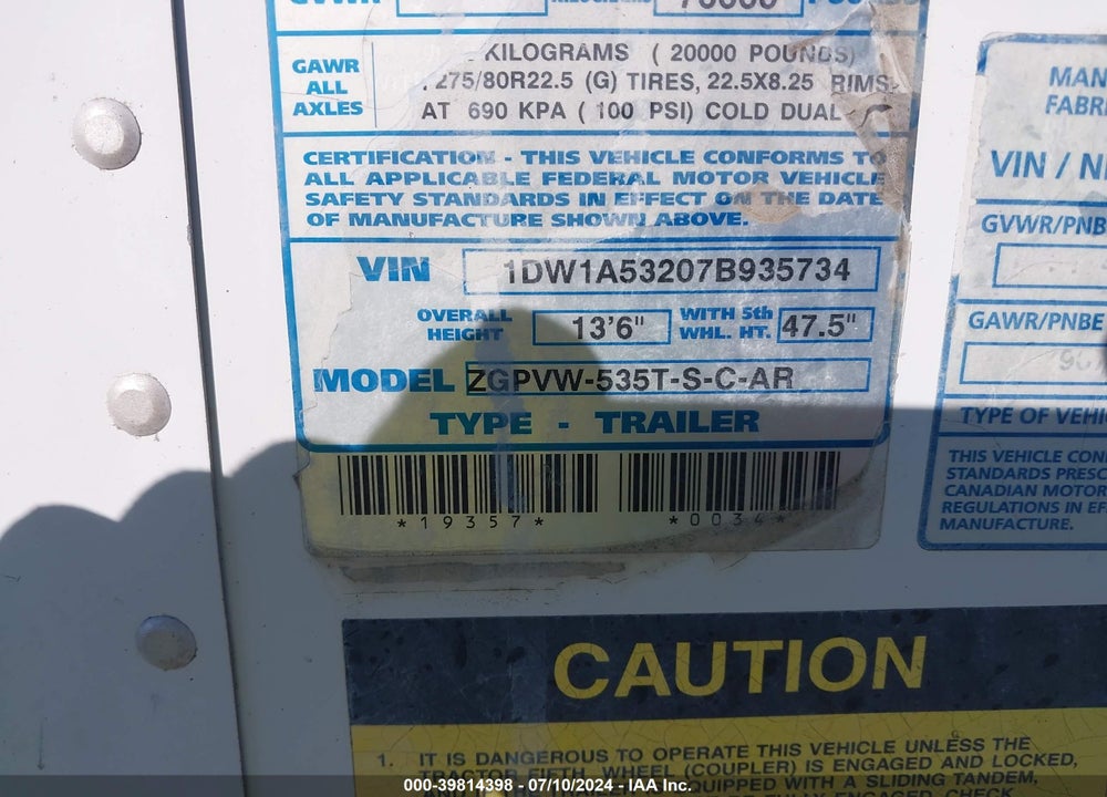 2007 STOUGHTON TRAILERS INC --- VIN: 1DW1A53207B935734