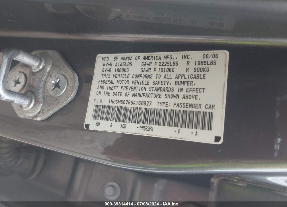 2006 HONDA ACCORD 2.4 EX VIN: 1HGCM56766A168927