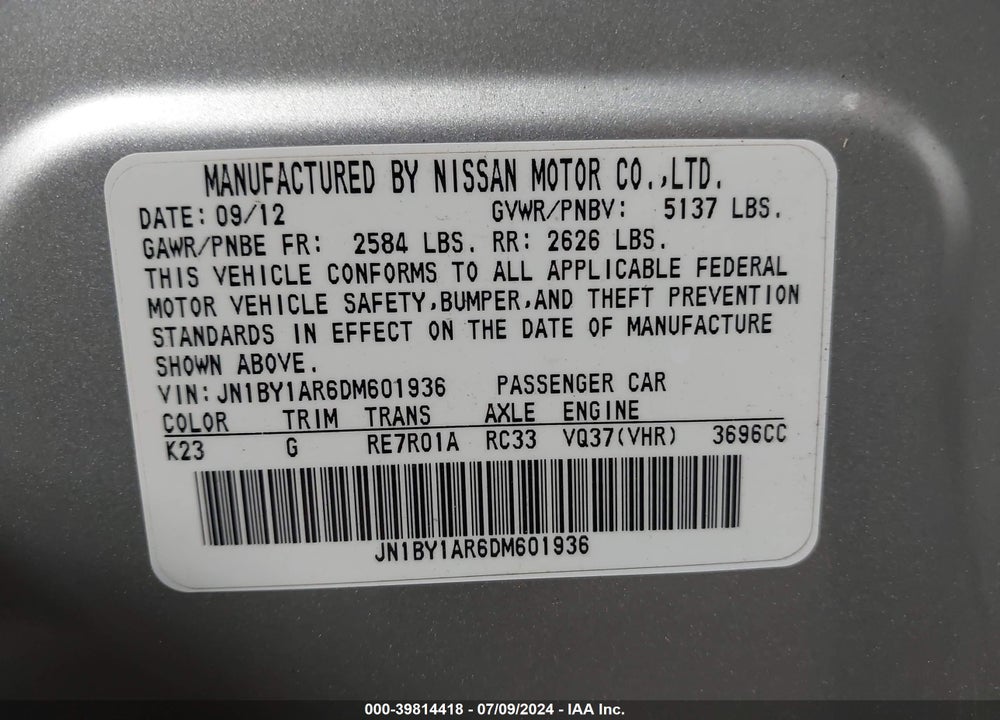2013 INFINITI M37X VIN: JN1BY1AR6DM601936