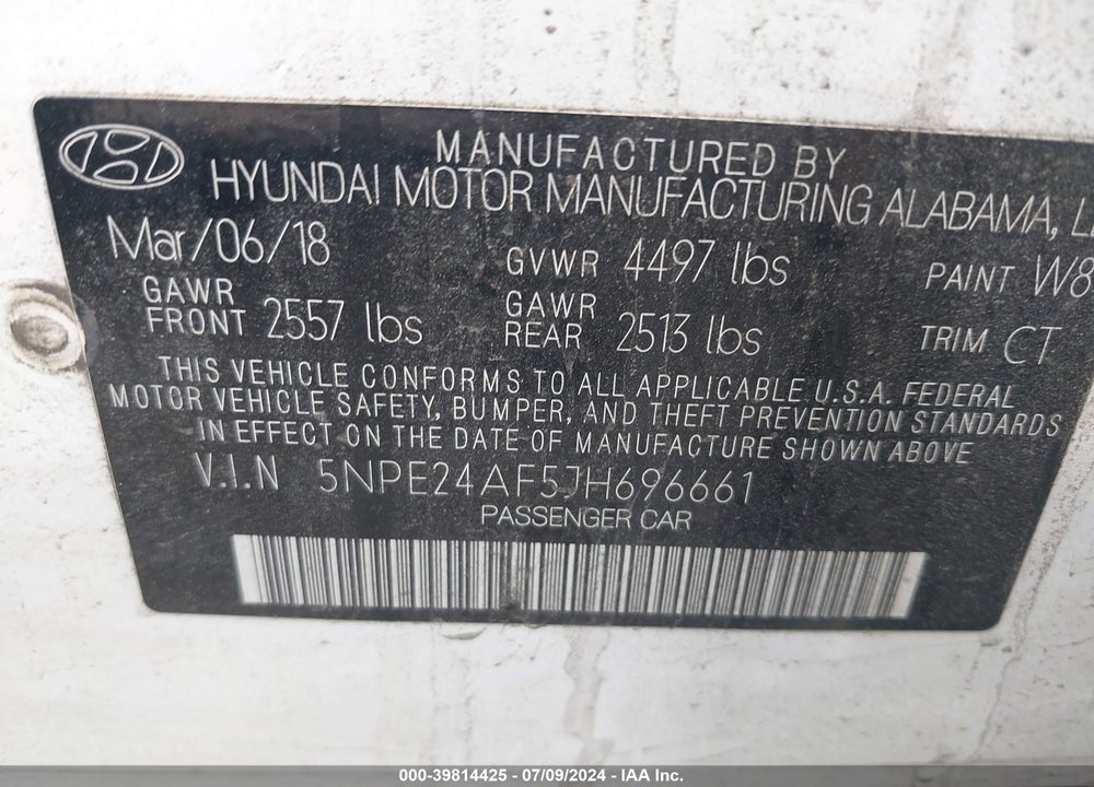 2018 HYUNDAI SONATA SE VIN: 5NPE24AF5JH696661