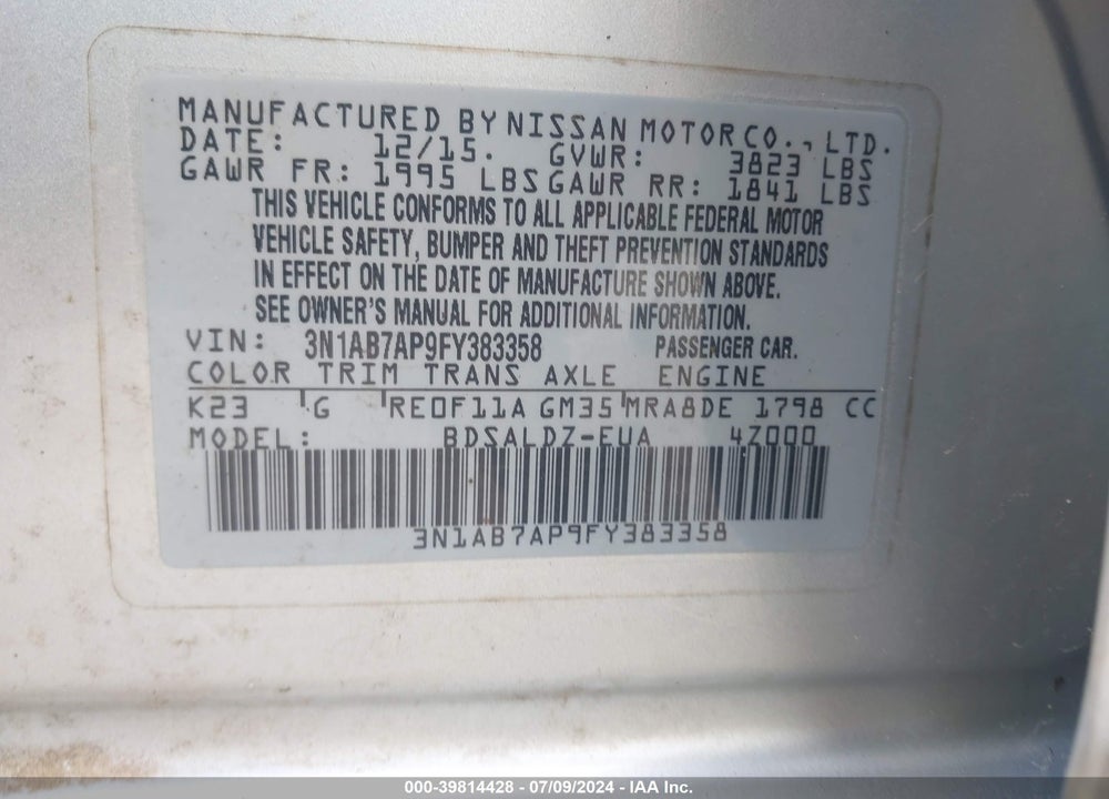 2015 NISSAN SENTRA SV VIN: 3N1AB7AP9FY383358