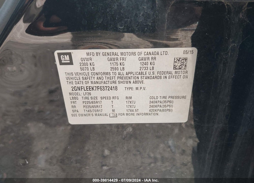 2015 CHEVROLET EQUINOX LS VIN: 2GNFLEEK7F6372418
