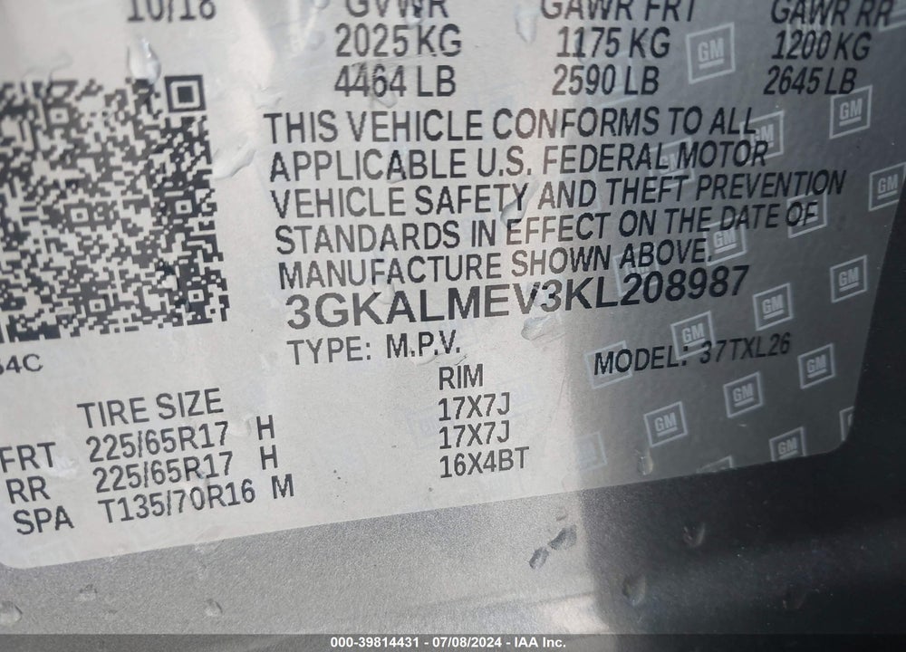 2019 GMC TERRAIN SLE VIN: 3GKALMEV3KL208987