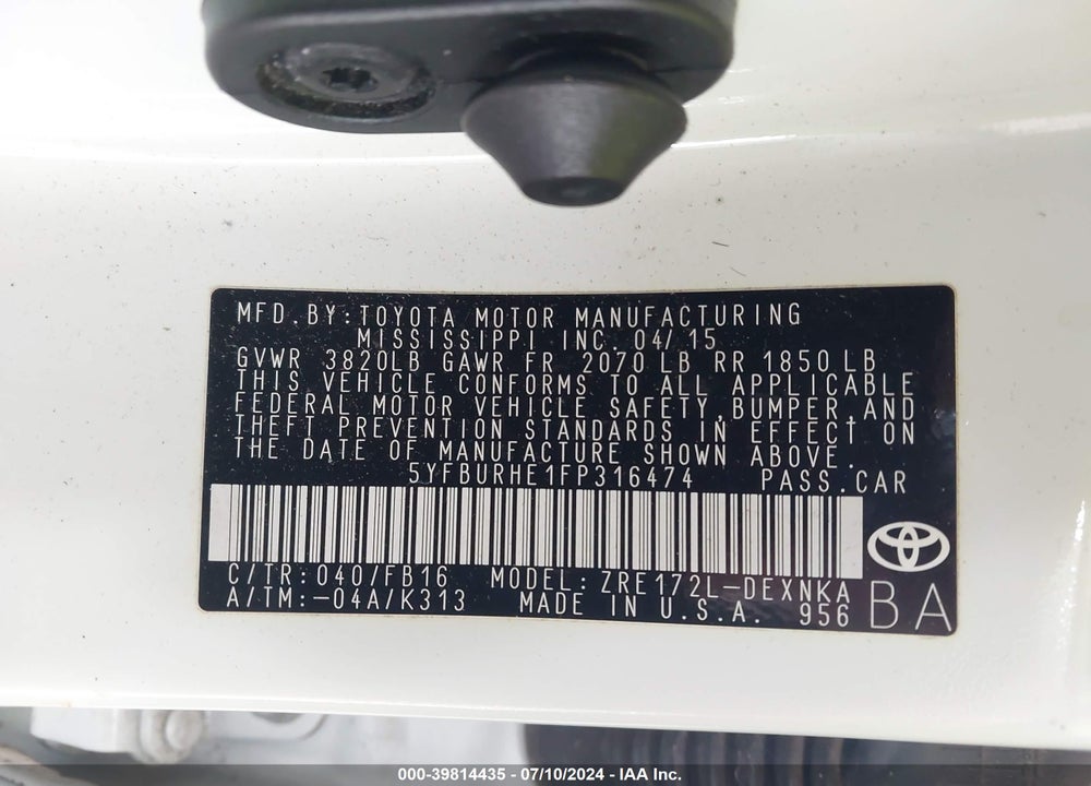 2015 TOYOTA COROLLA LE VIN: 5YFBURHE1FP316474