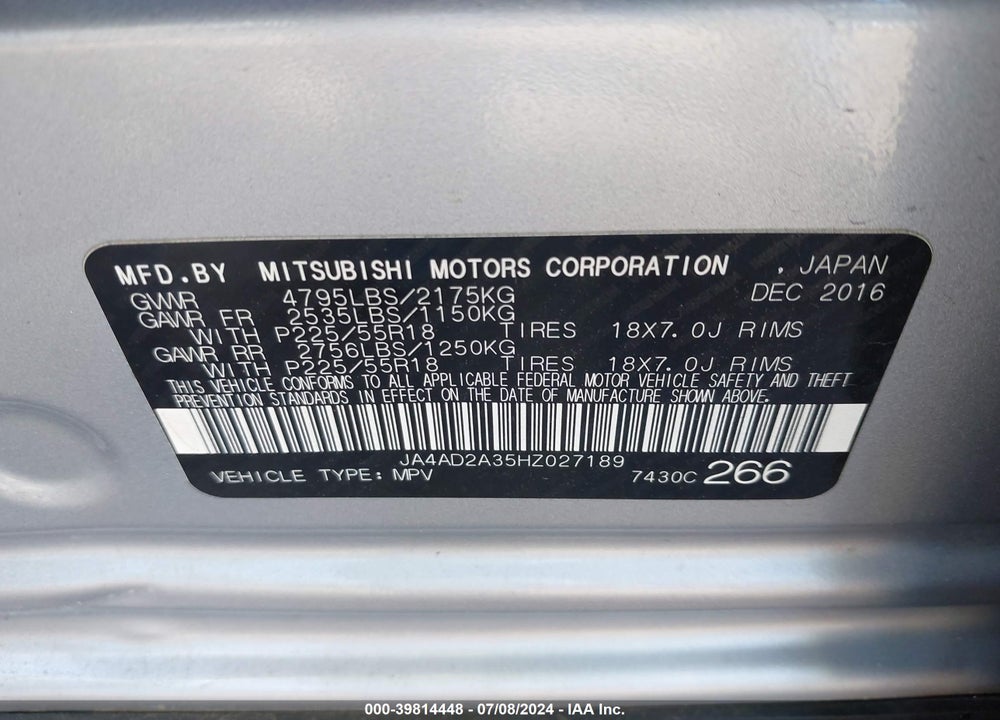 2017 MITSUBISHI OUTLANDER ES VIN: JA4AD2A35HZ027189