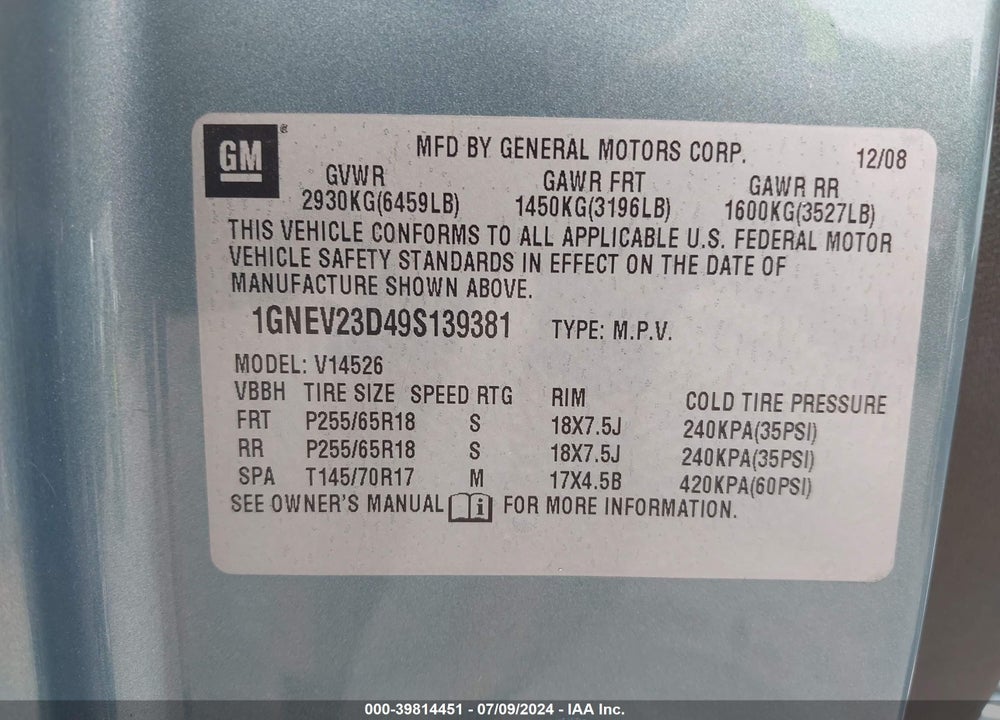 2009 CHEVROLET TRAVERSE LT VIN: 1GNEV23D49S139381