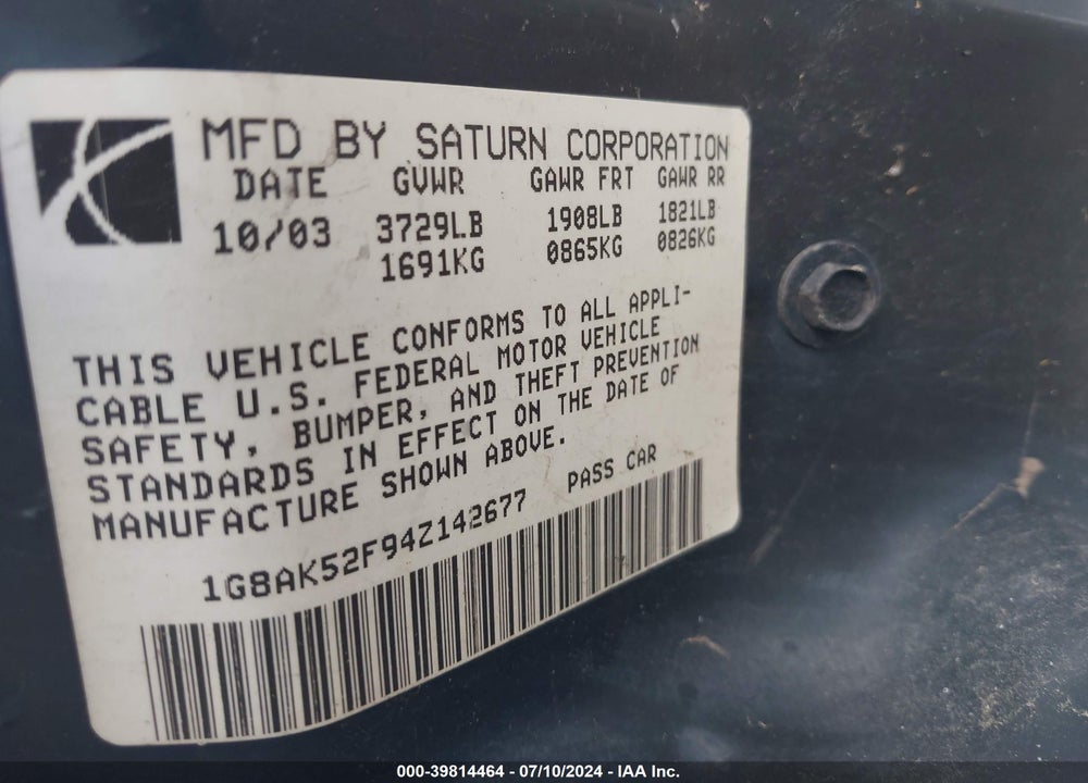 2004 SATURN ION 3 VIN: 1G8AK52F94Z142677